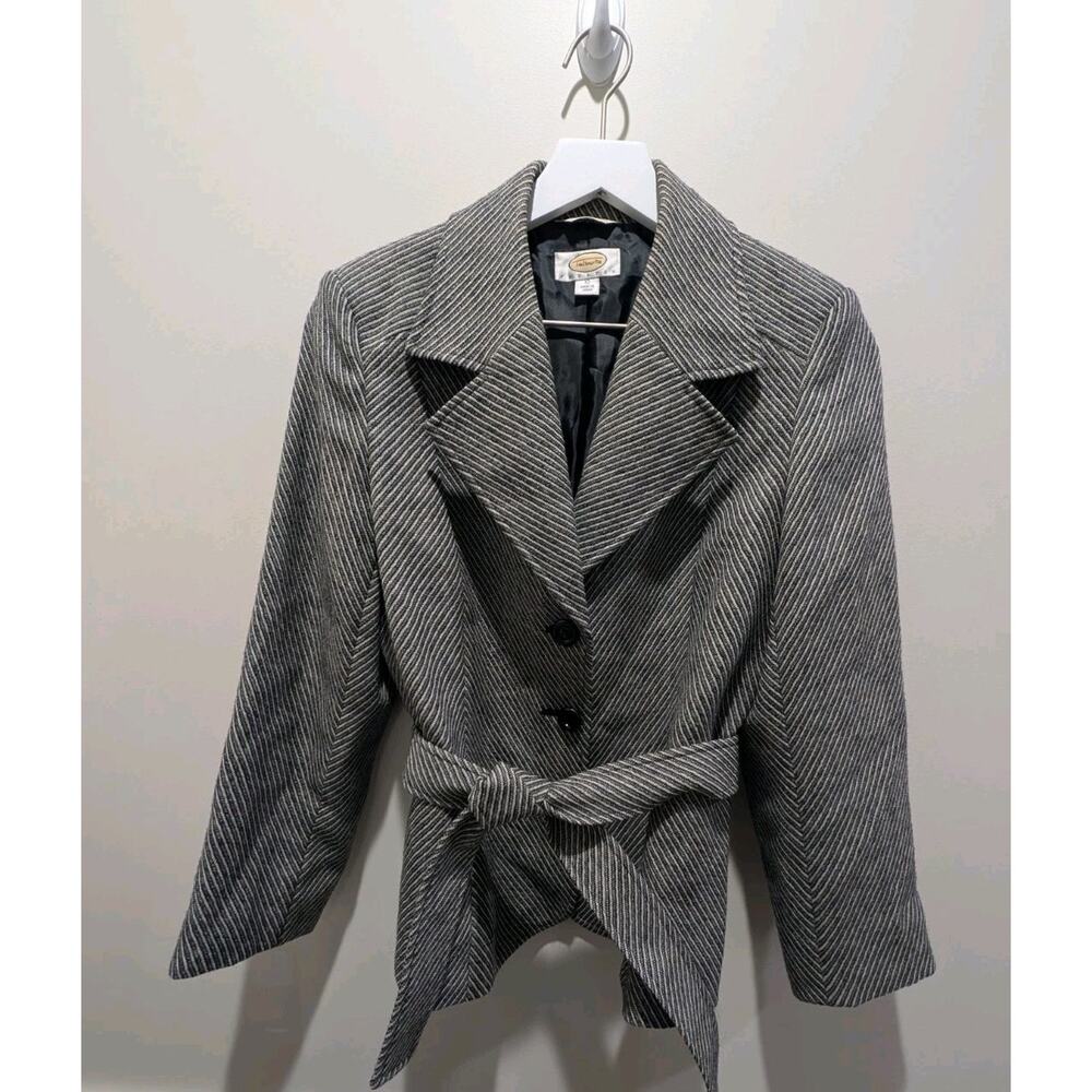 Talbots Petite Blazer 10 Gray 100% Wool Herringbone Jacket Japan Classic Belt - Picture 2 of 16